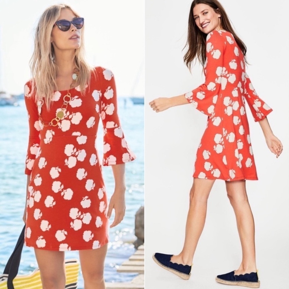 Boden Poppy Red Floral Miriam Floral Jersey A-Line Bell Sleeve Dress Size 4 Long